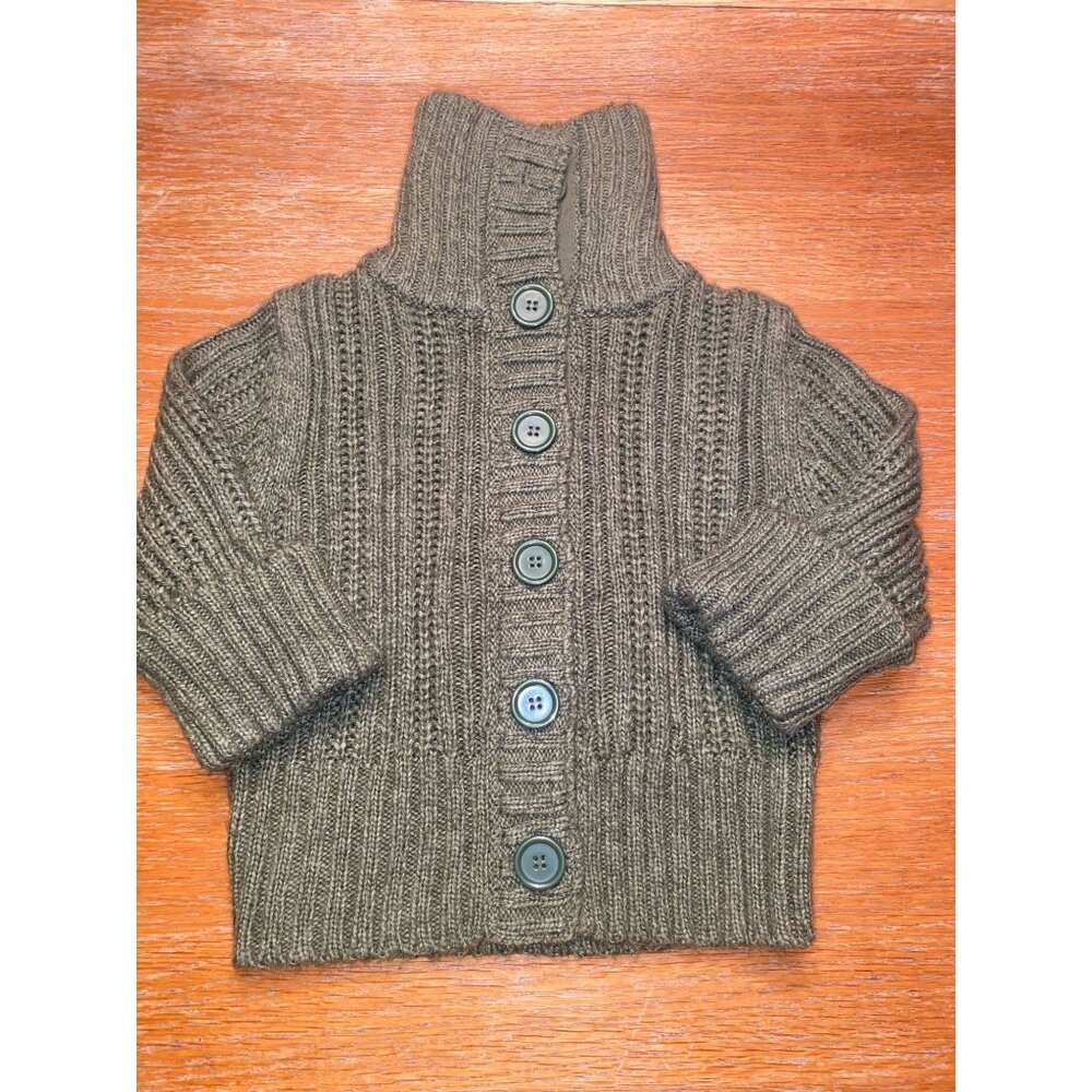 Handmade Olive Green Toddler Cardigan With High Neck & Button Closure